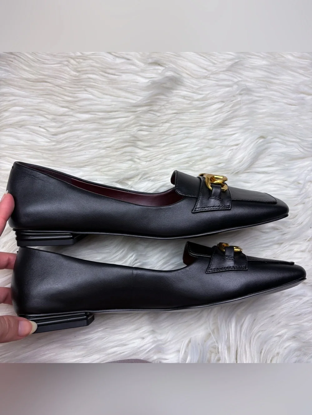 Franco Sarto Tiari Square Toe Loafer Flats Black Smooth Leather Gold Chain NEW 8